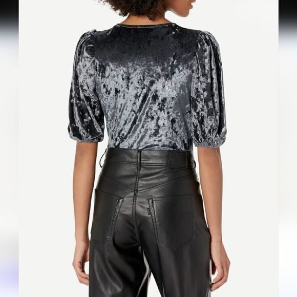 Free People Don't You Wish Crushed Velvet Puff Sleeve Bodysuit Blue Gray Small - Picture 5 of 12